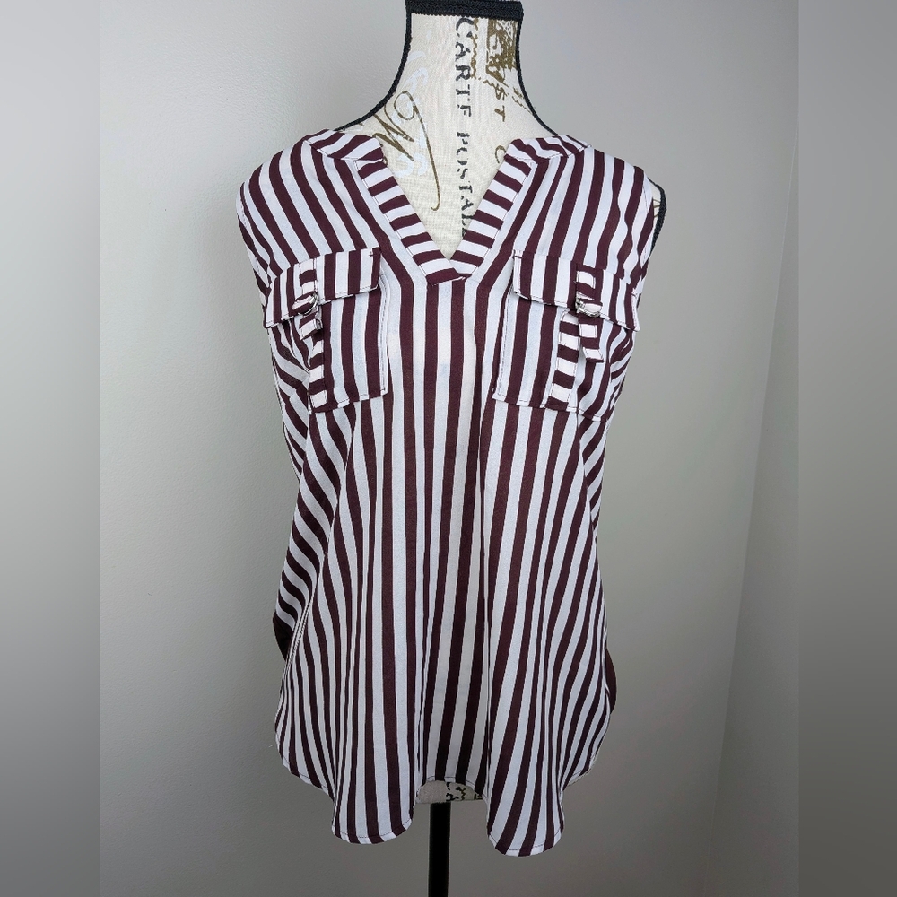 7th Avenue New York & Co Brown Striped Vneck Sleeveless Top XS Career Relaxed